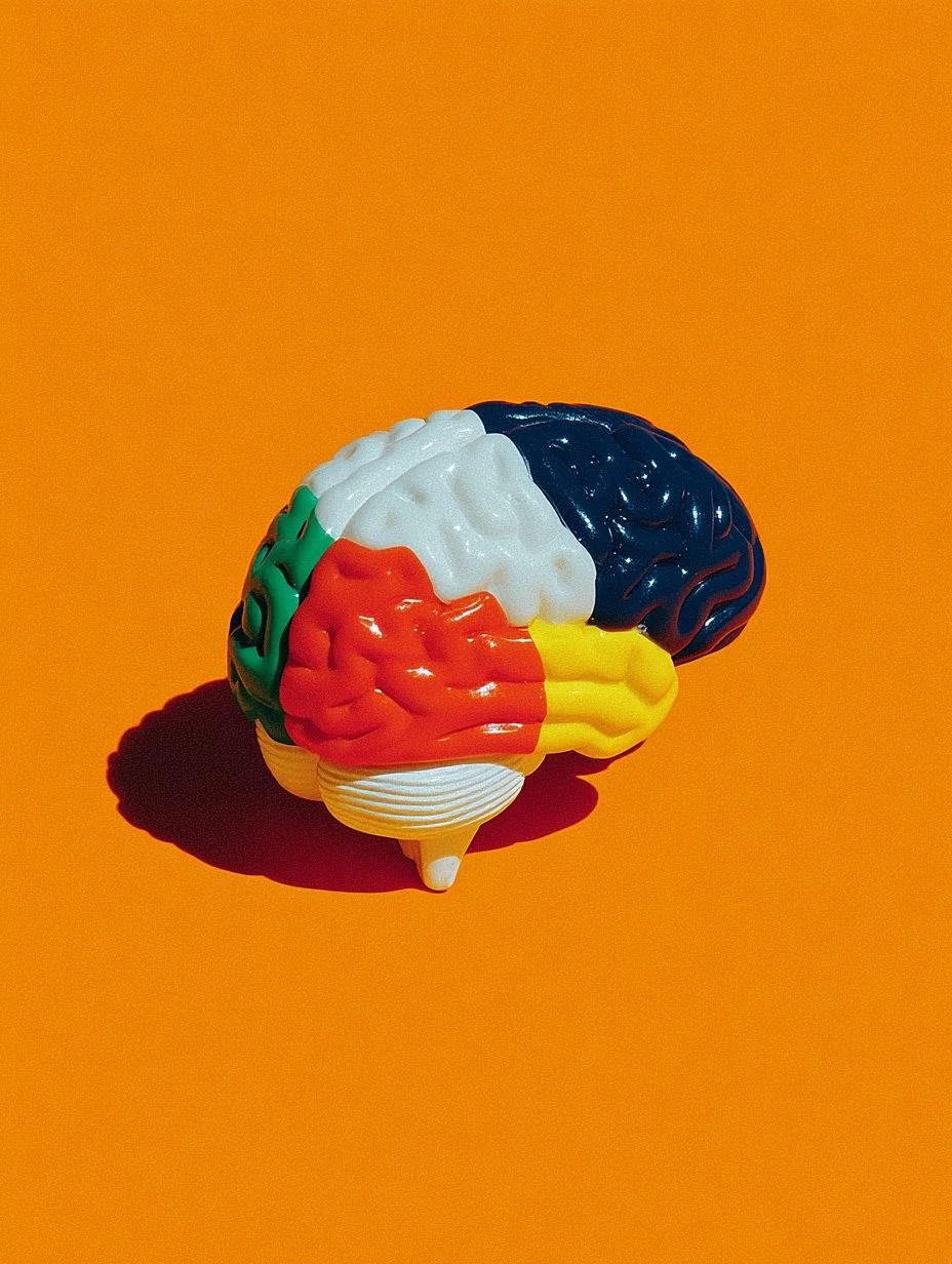 A colorful ice cream shaped like a human brain, divided into sections with different colors: white, black, red, green, and yellow, against an orange background.