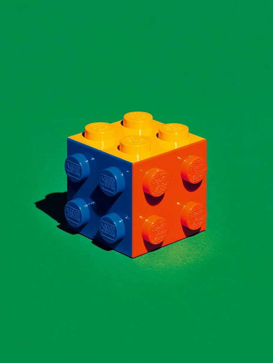 A large toy building brick with a blue side and an orange side, placed on a green surface with a green background.