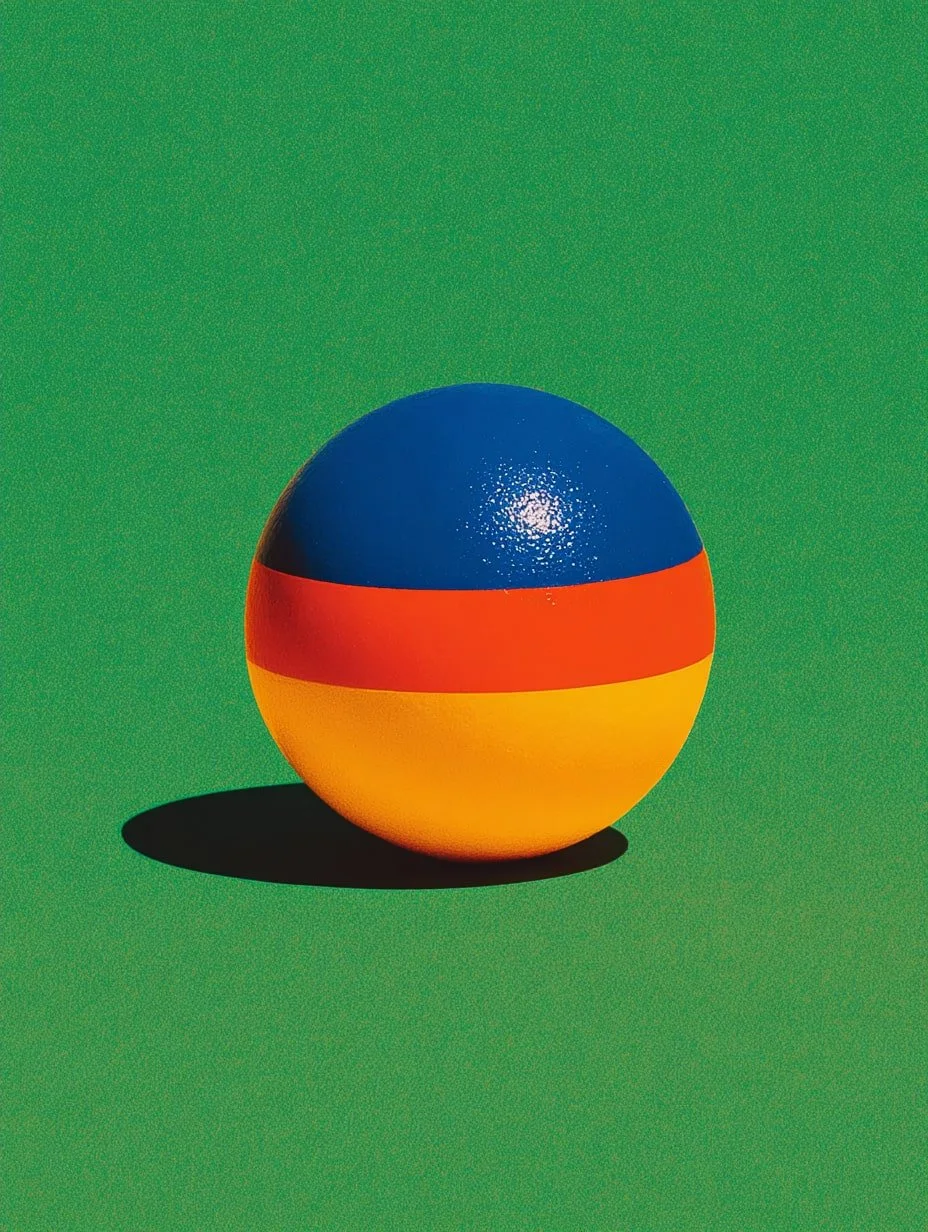 A multicolored ball with blue on top, red in the middle, and yellow on the bottom, casting a shadow on a green background.