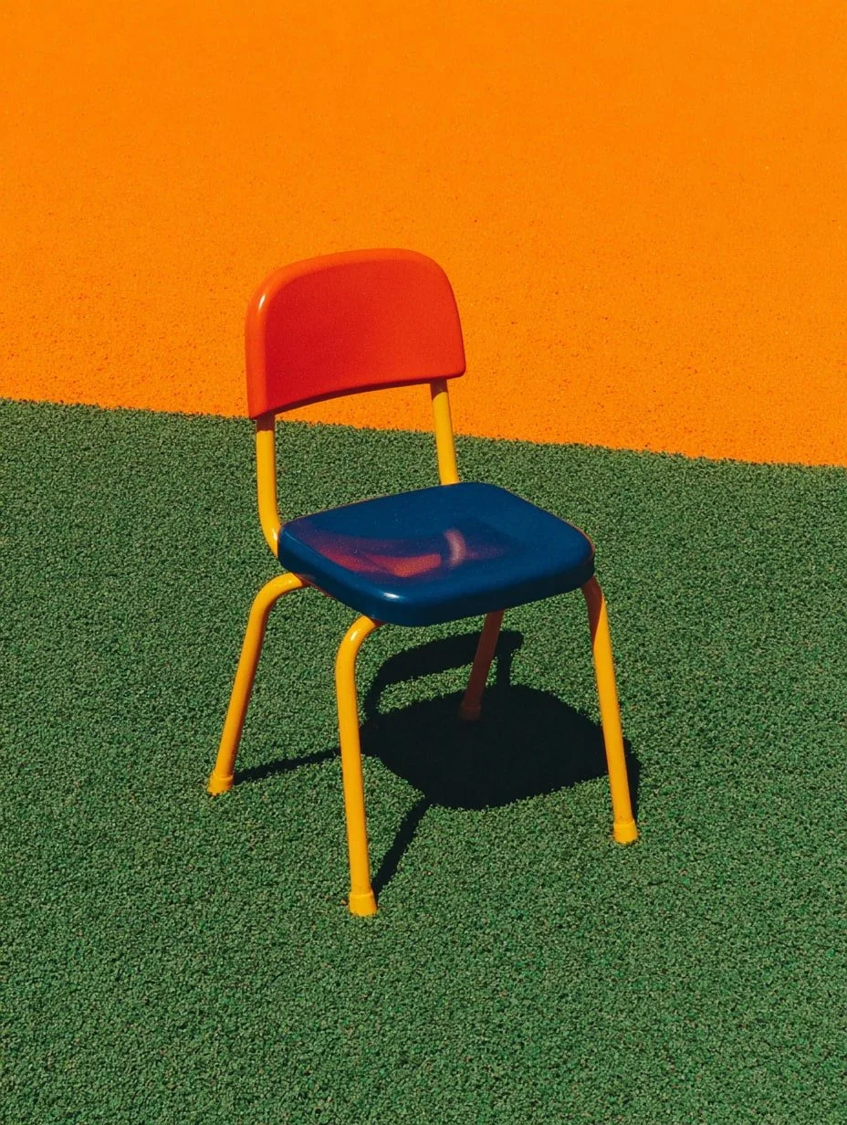 Colorful chair with a red backrest, blue seat, and yellow legs on a textured green surface with an orange background.