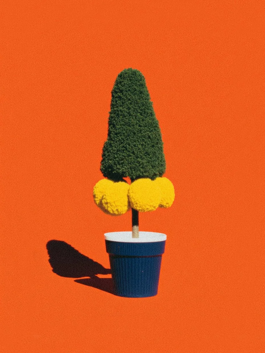 A potted plant with a trimly shaped green topiary tree and yellow round bushes in a blue container against an orange background.
