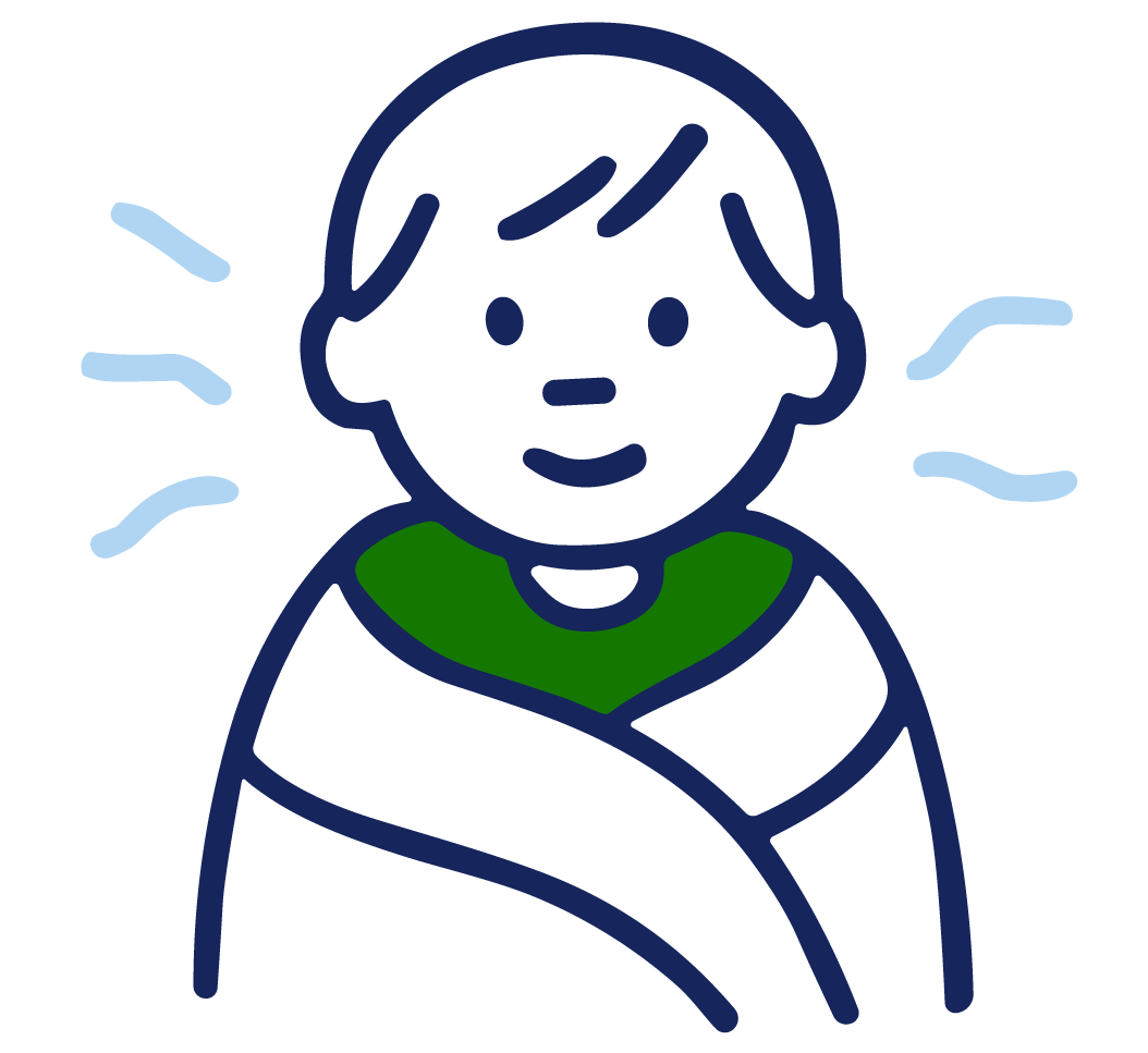 Drawing of a smiling child wrapped in a blanket with blue motion lines indicating warmth.