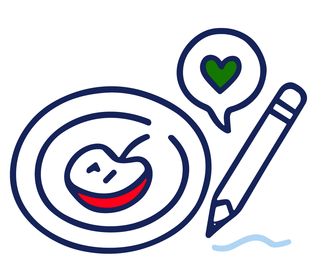 A plate with a smiley face made from a sliced apple, a pencil, and a speech bubble with a green heart.