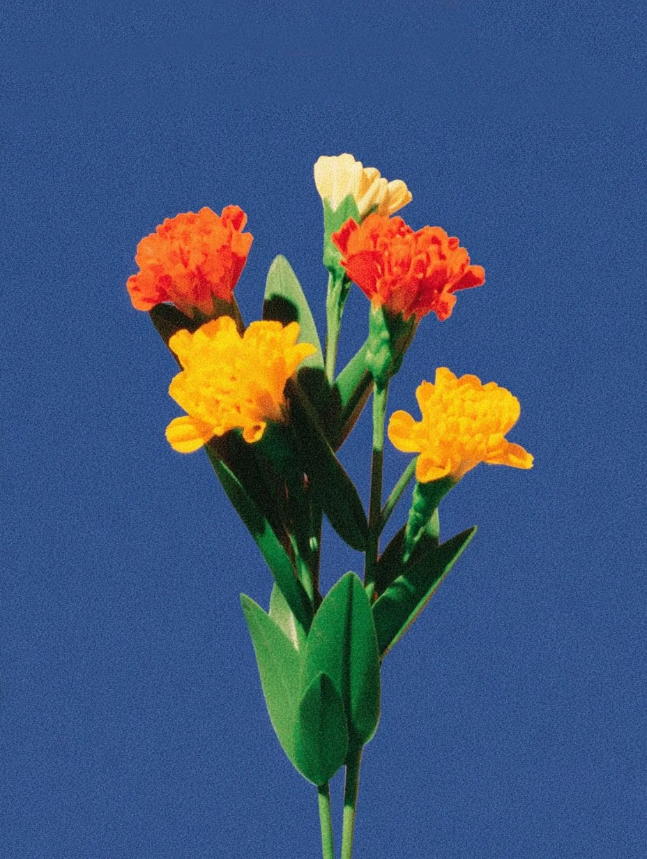 A bouquet of colorful carnations, including orange, yellow, and white flowers, against a blue background.