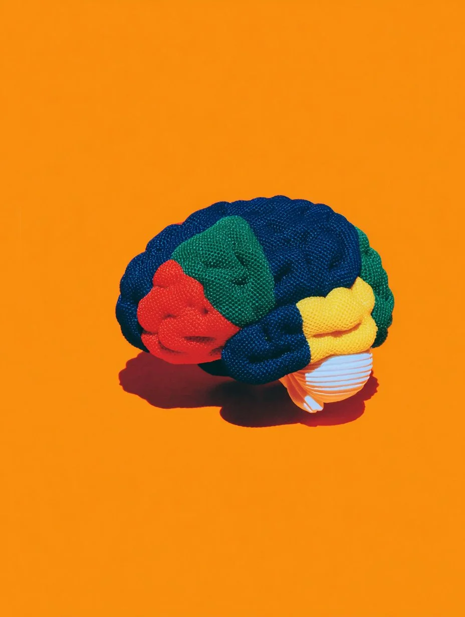Colorful knitted brain on an orange background