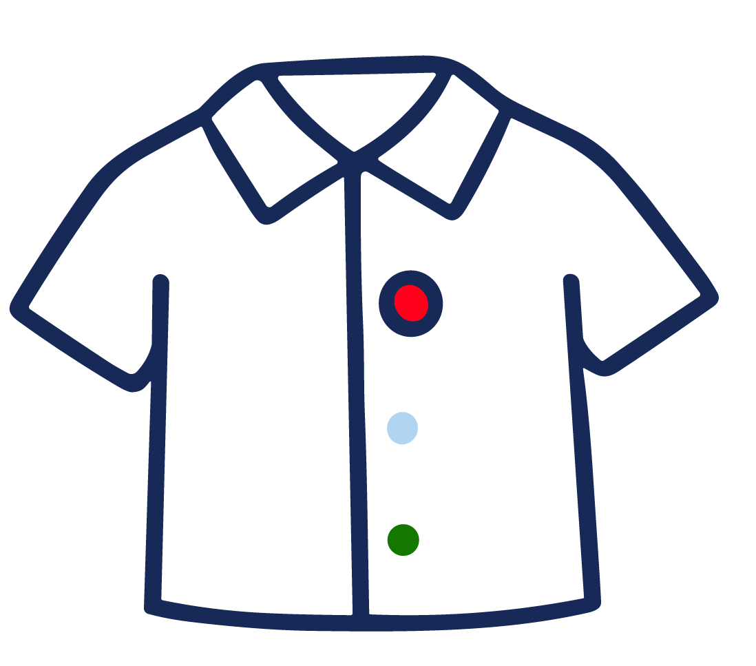 Outline drawing of a short-sleeved shirt with a collar, decorated with four colored buttons in red, light blue, and green.