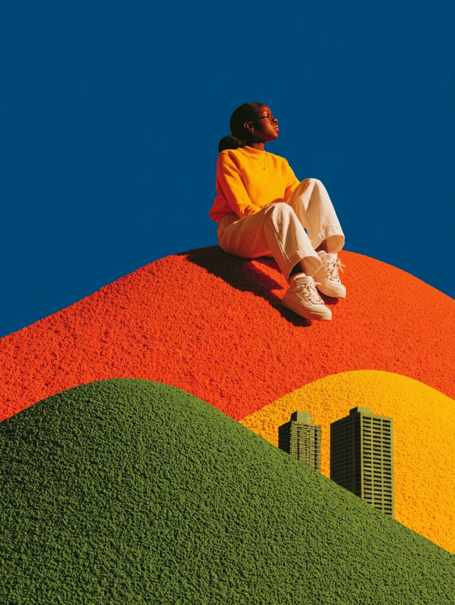A person sitting on a colorful, textured hill with a blue sky background. The hill has sections of orange, yellow, and green, with tall buildings in the distance.