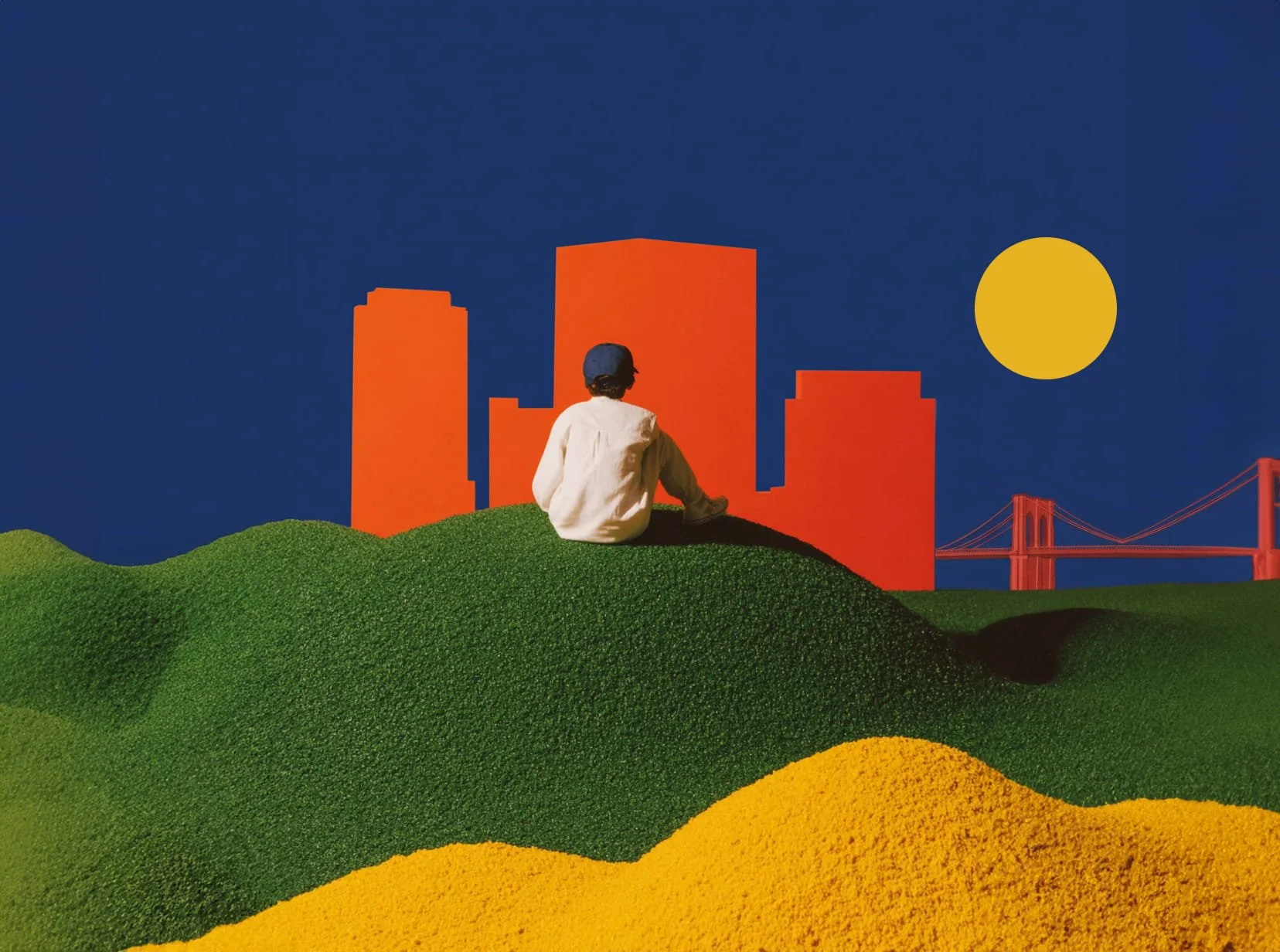 Child sitting on a grassy hilltop looking at a cityscape with orange buildings, a bright yellow sun, and a bridge against a deep blue sky.