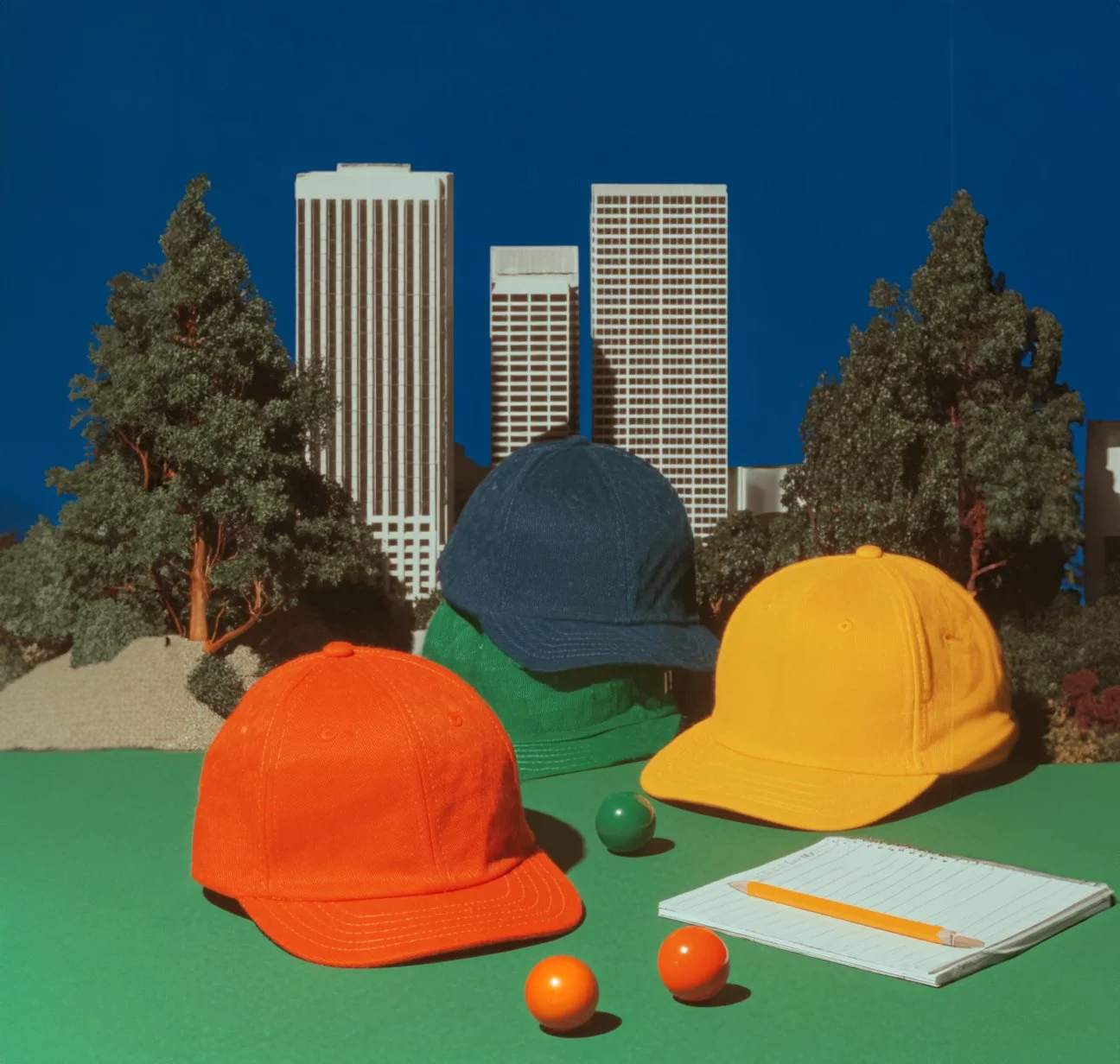 Colorful baseball caps (orange, blue, yellow, green) on a green surface with a notepad and pencil, set against a backdrop of trees and tall city buildings during the day.