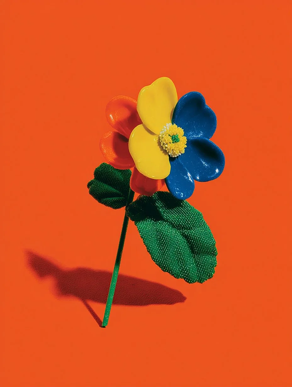 Colorful artificial flower with yellow, blue, and red petals and green leaves on an orange background.