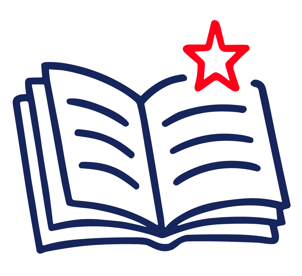 Outline drawing of an open book with a red star above it.