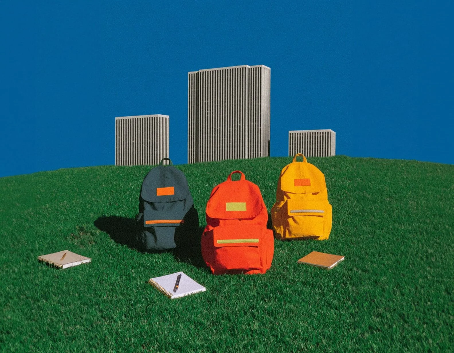 Colorful backpacks and notebooks on green grass with city buildings in the background.