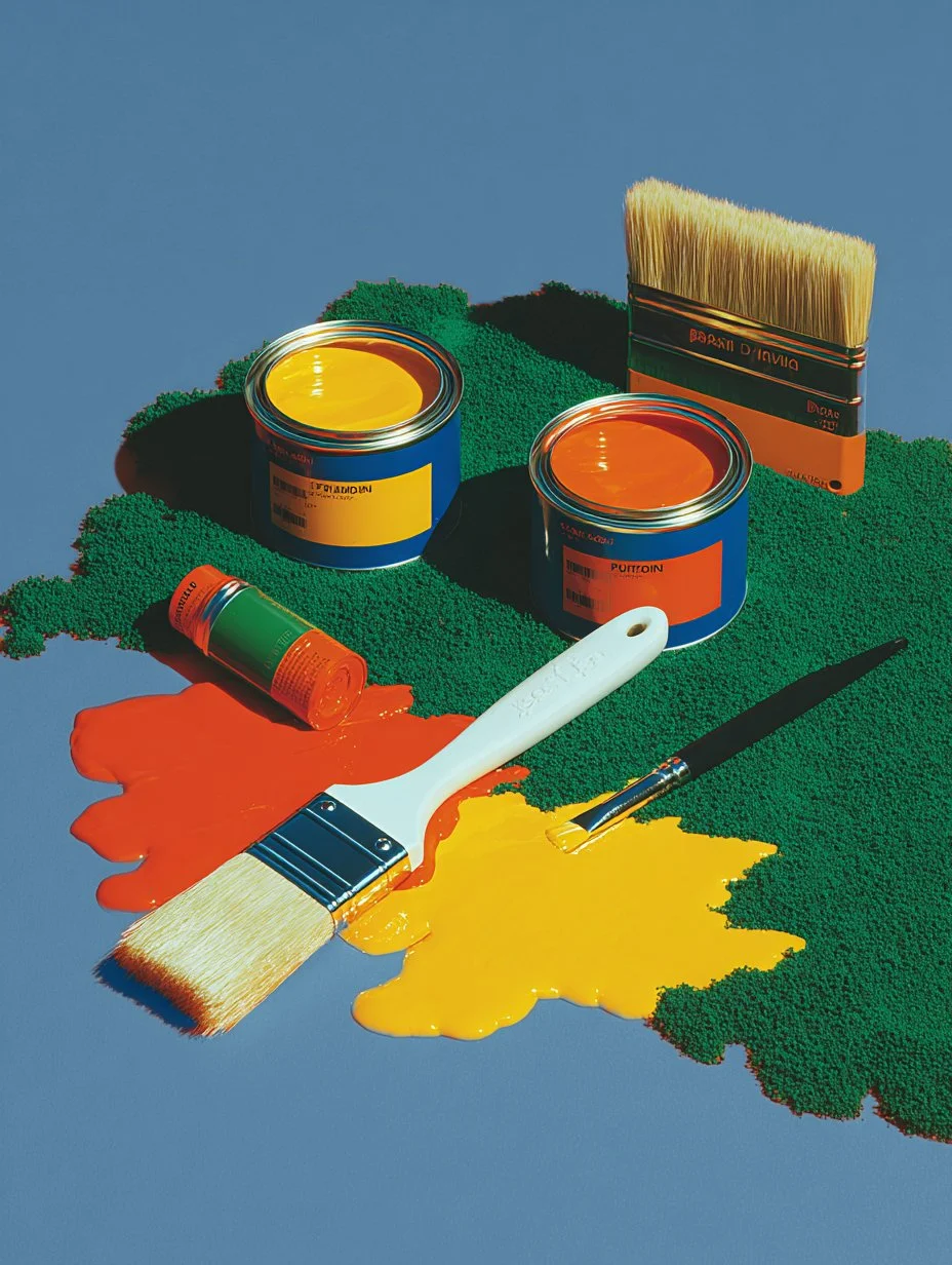 Paint cans with yellow and orange paint, paintbrushes, and a paint roller on a green textured surface against a blue background.
