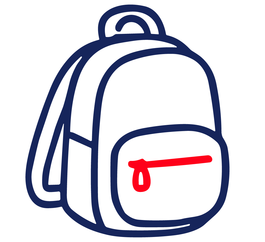 A backpack with a front pocket featuring a red zipper