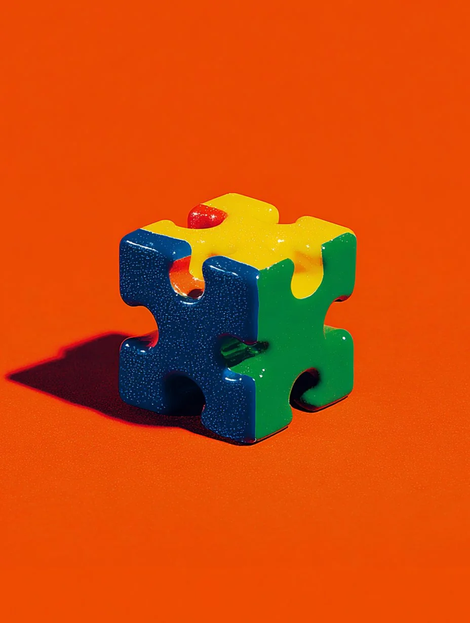 Colorful plastic puzzle cube with blue, green, and yellow pieces on an orange background, casting a shadow.