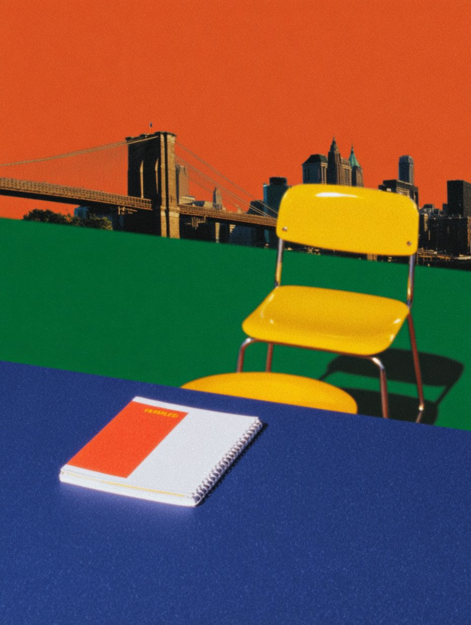 A colorful indoor scene with a blue table, a yellow chair, a yellow stool, a white notepad with orange accents, set against a backdrop of a city skyline and a bridge under an orange sky.