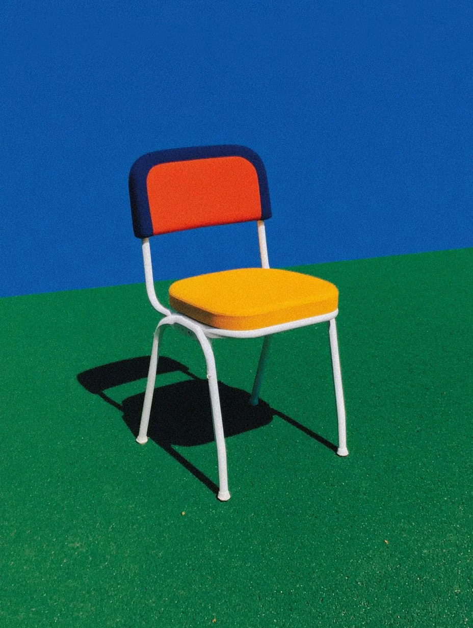 Colorful chair with a blue and red backrest, yellow seat, on green synthetic turf with blue wall background.