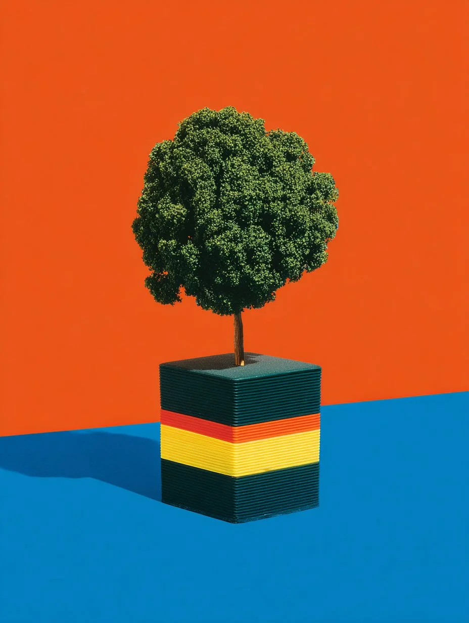 A small, dense green tree growing from a square container with horizontal stripes in black, red, yellow, and black. The container is placed on a blue surface against a bright orange background.