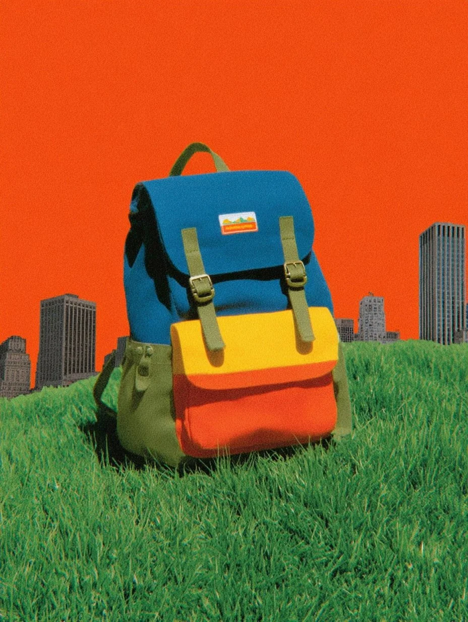 Colorful backpack on green grass against an orange sky and city skyline.