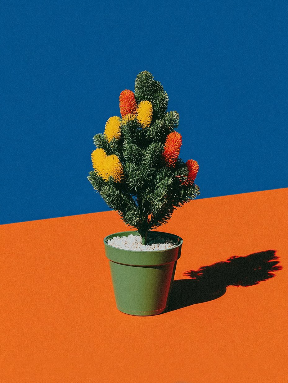 A potted cactus with yellow and orange flowers, casting a shadow on an orange surface against a two-tone background of blue and orange.