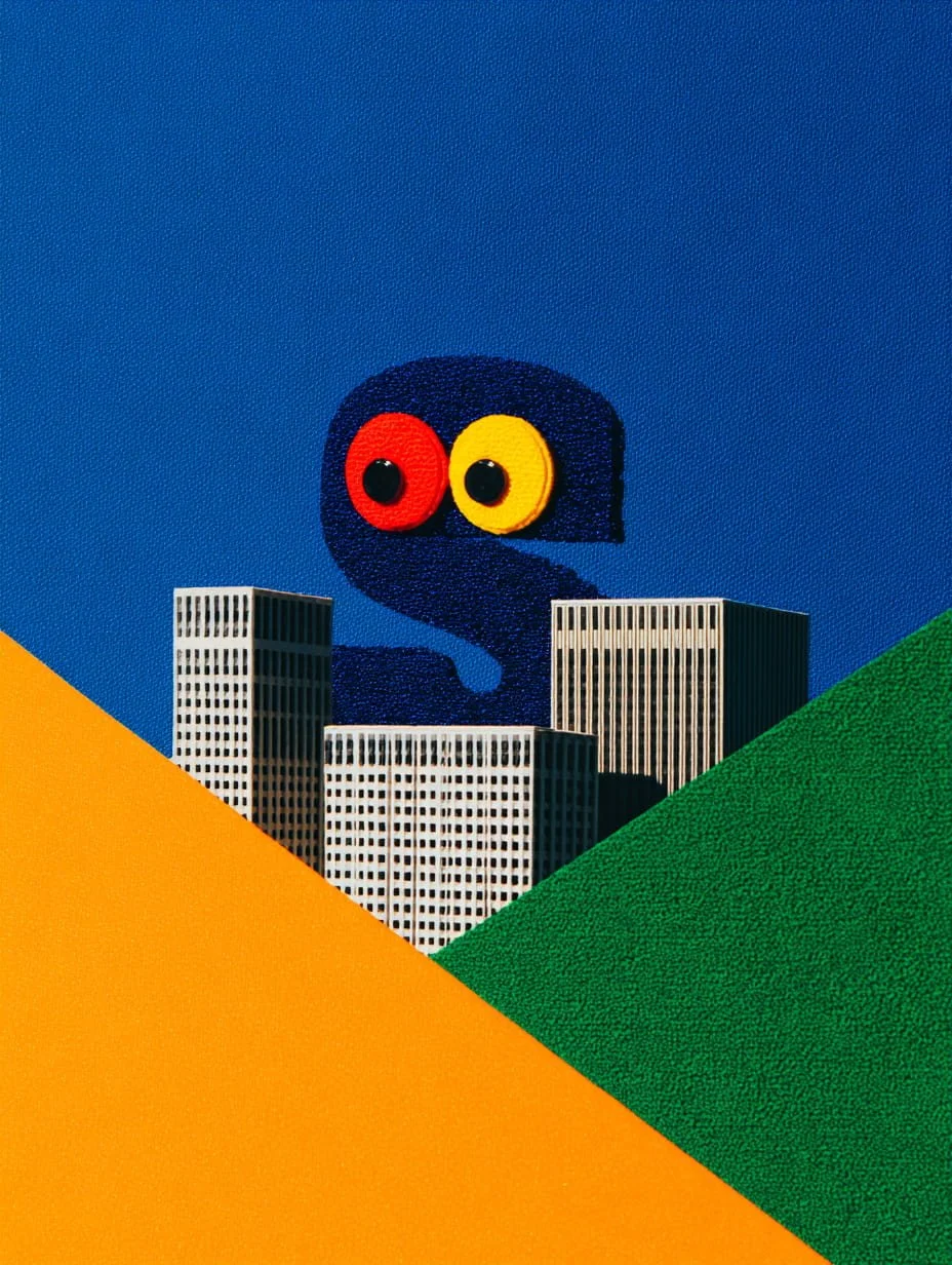 A large, dark blue snake with red and yellow eyes emerging from behind tall, white office buildings against a blue sky. The image has green and orange geometric shapes in the foreground.