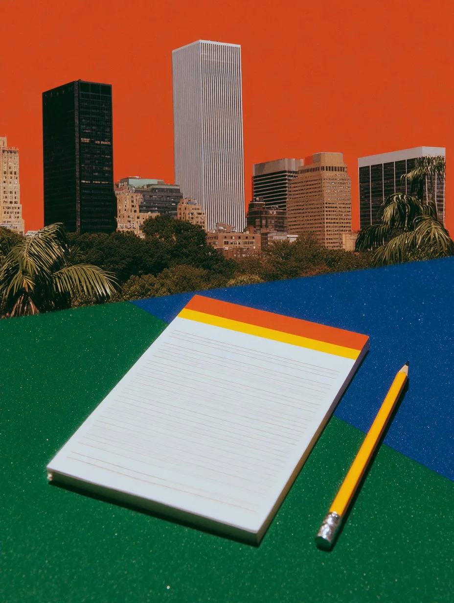 A notepad and a yellow pencil placed on a multicolored surface with a city skyline featuring tall buildings and palm trees against an orange sky in the background.