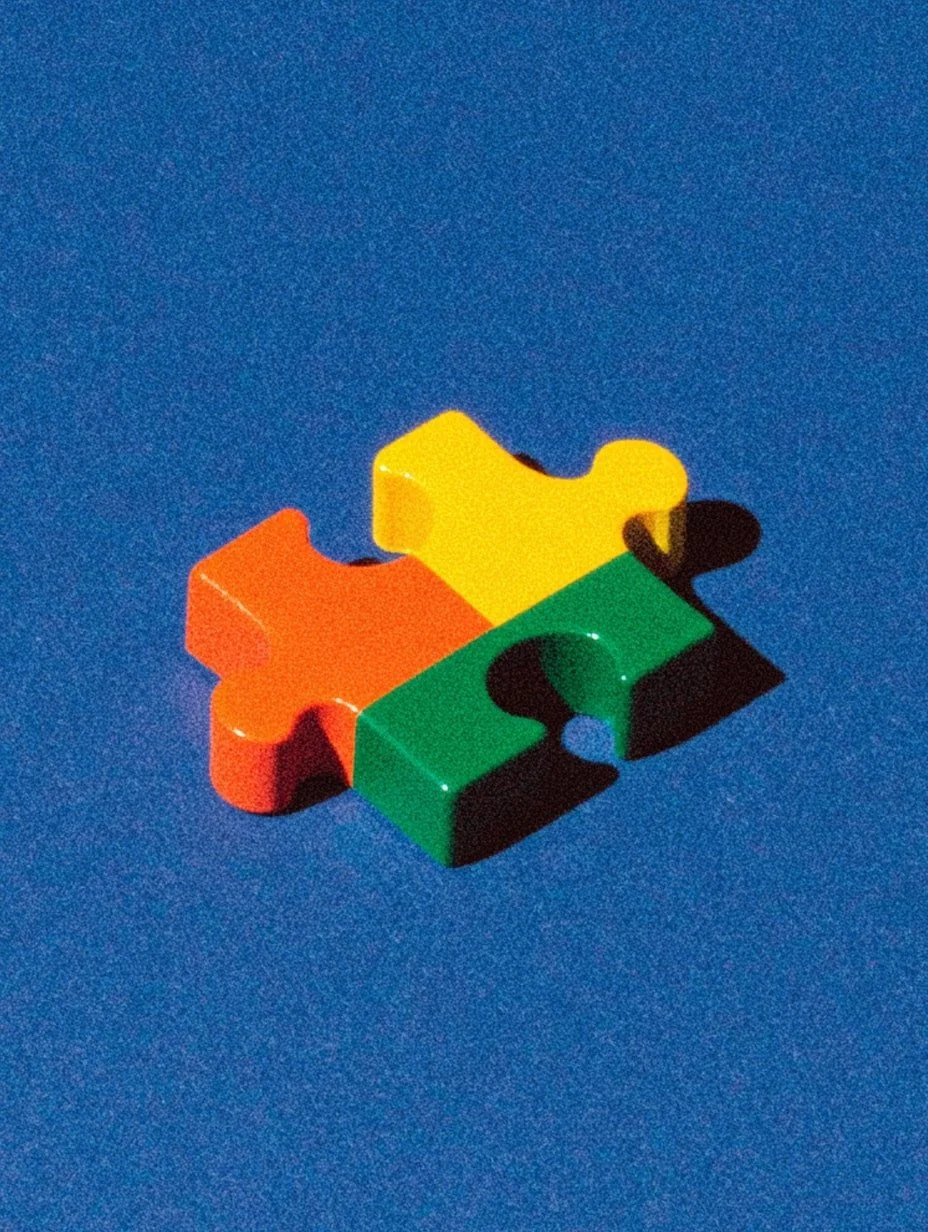 Three interlocking jigsaw puzzle pieces in red, yellow, and green on a blue background.