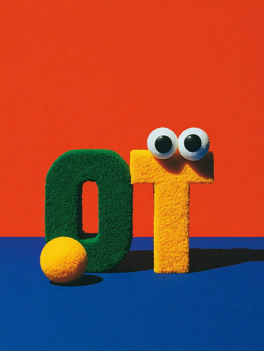 Colorful foam letters 'O' and 'T' with googly eyes, yellow foam ball, on a colorful background.