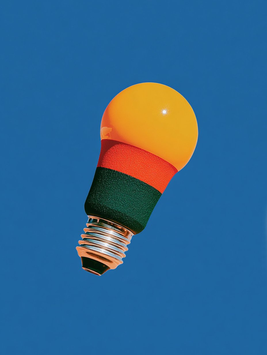 A light bulb with a yellow top and a fabric-covered base, set against a blue background.