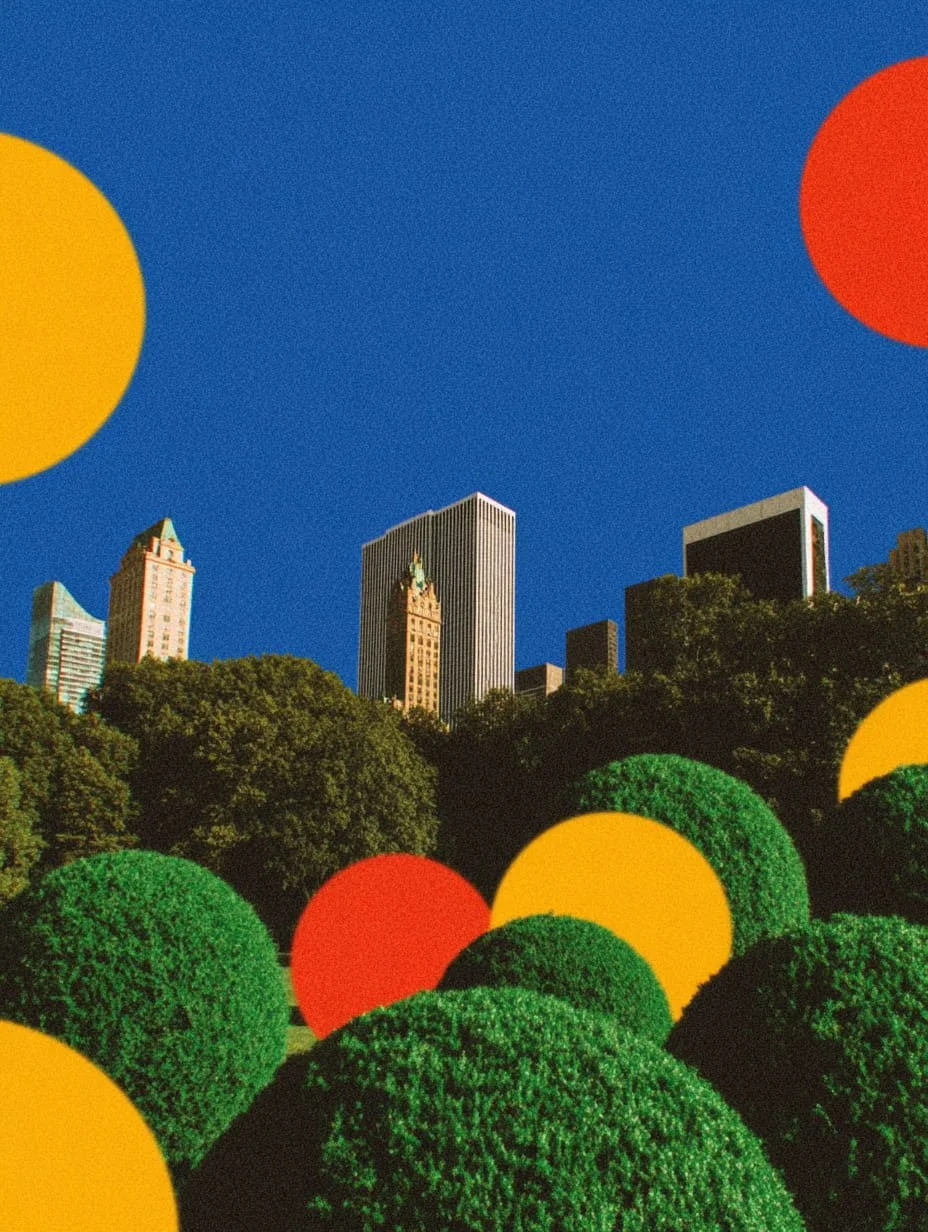 A city skyline with tall skyscrapers against a clear blue sky, with green bushes in the foreground overlaid with red and yellow dots.