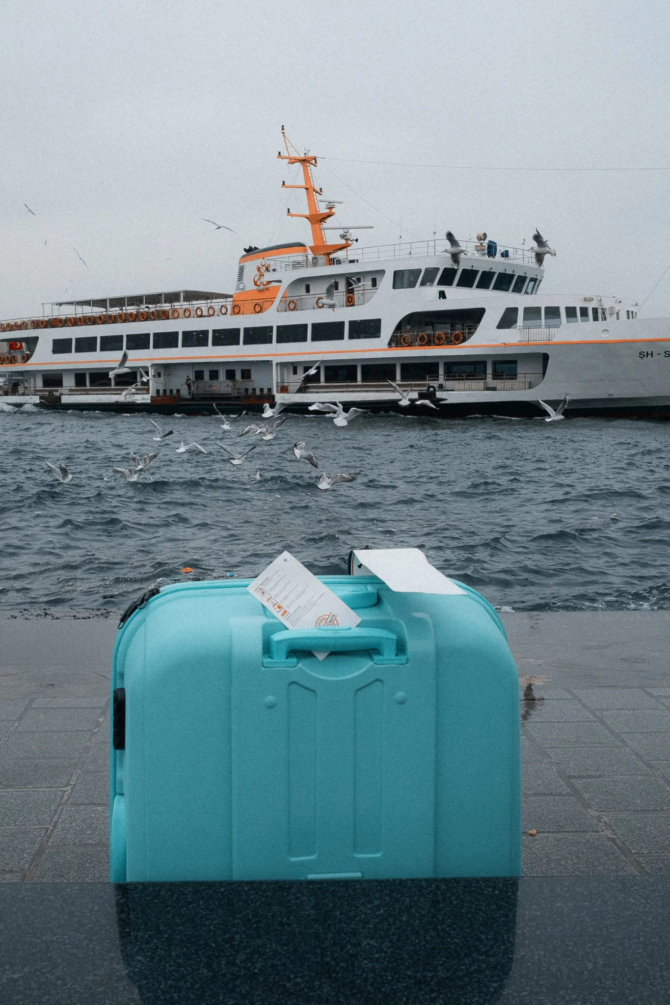 Une valise cyan clair posée sur un sol pavé devant la mer, avec un bateau de croisière en arrière-plan et des mouettes volant dans le ciel nuageux.