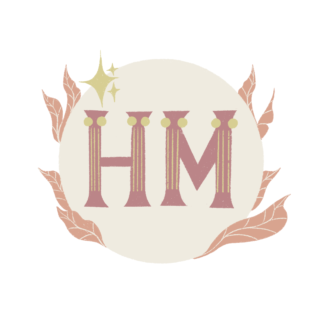 Pink and gold decorative initials 'H M' inside a beige circle, surrounded by pink leaves and a yellow starburst on a black background.