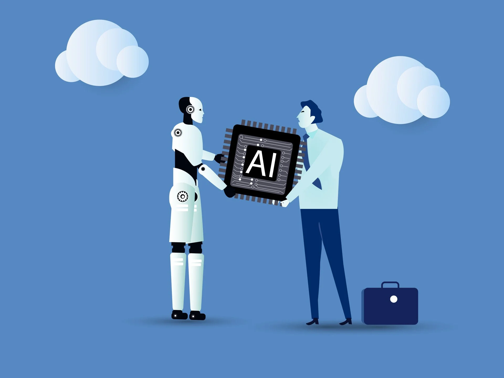 An A.I. robot gives the gift of A.I. ability to a man, whom represents a website.