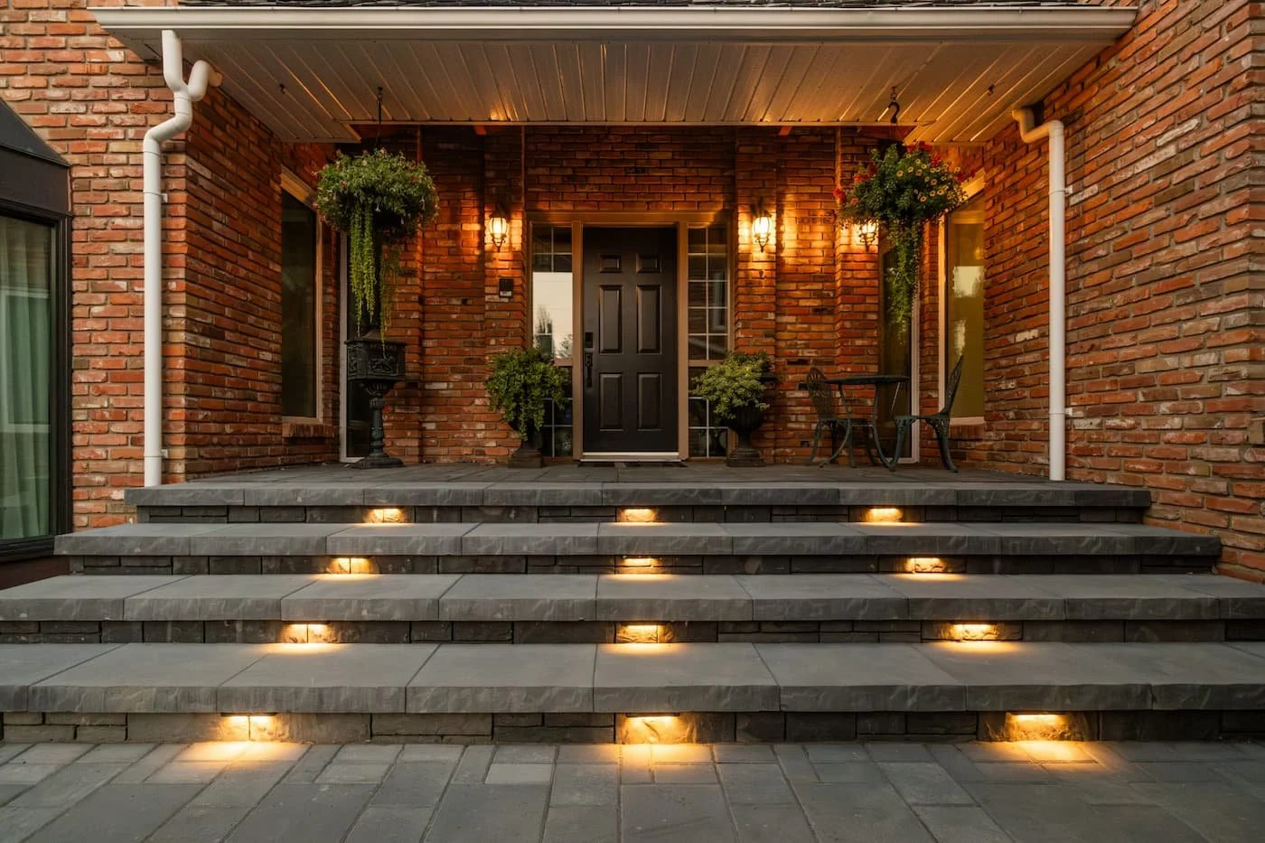In lay hardscape lighting built into the front steps leading to your front door