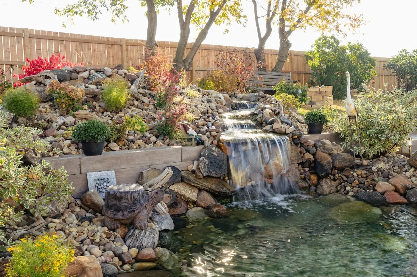 Flowing stream into a pond in a naturalized yard with natural rock 