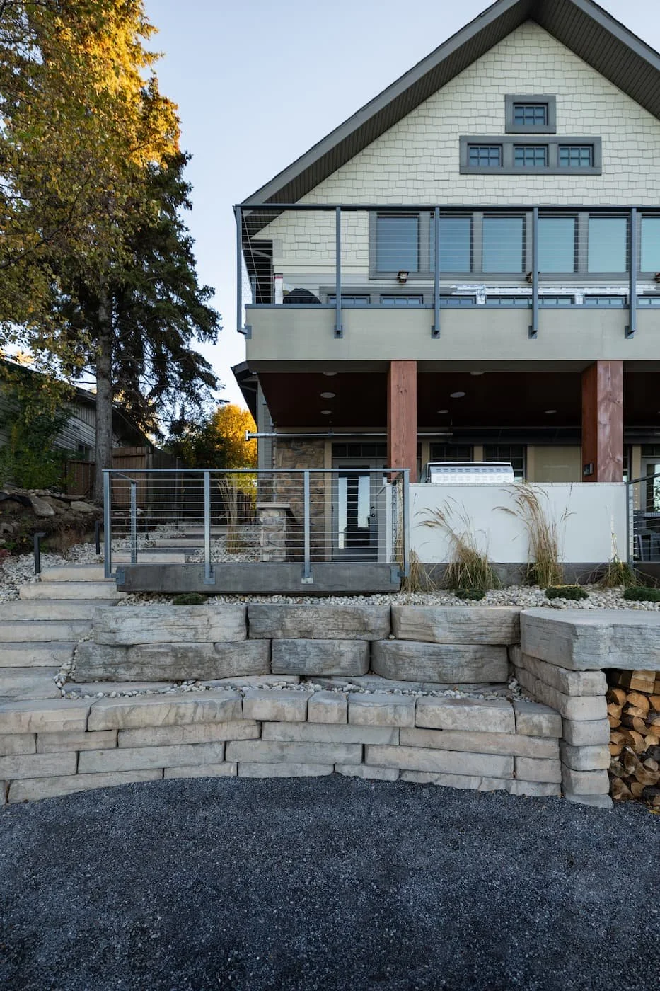 Multilevel retaining wall and steps in beige