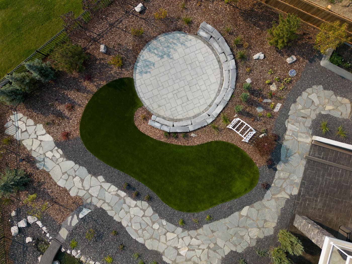 Custom backyard with hardscaping and artificial turf