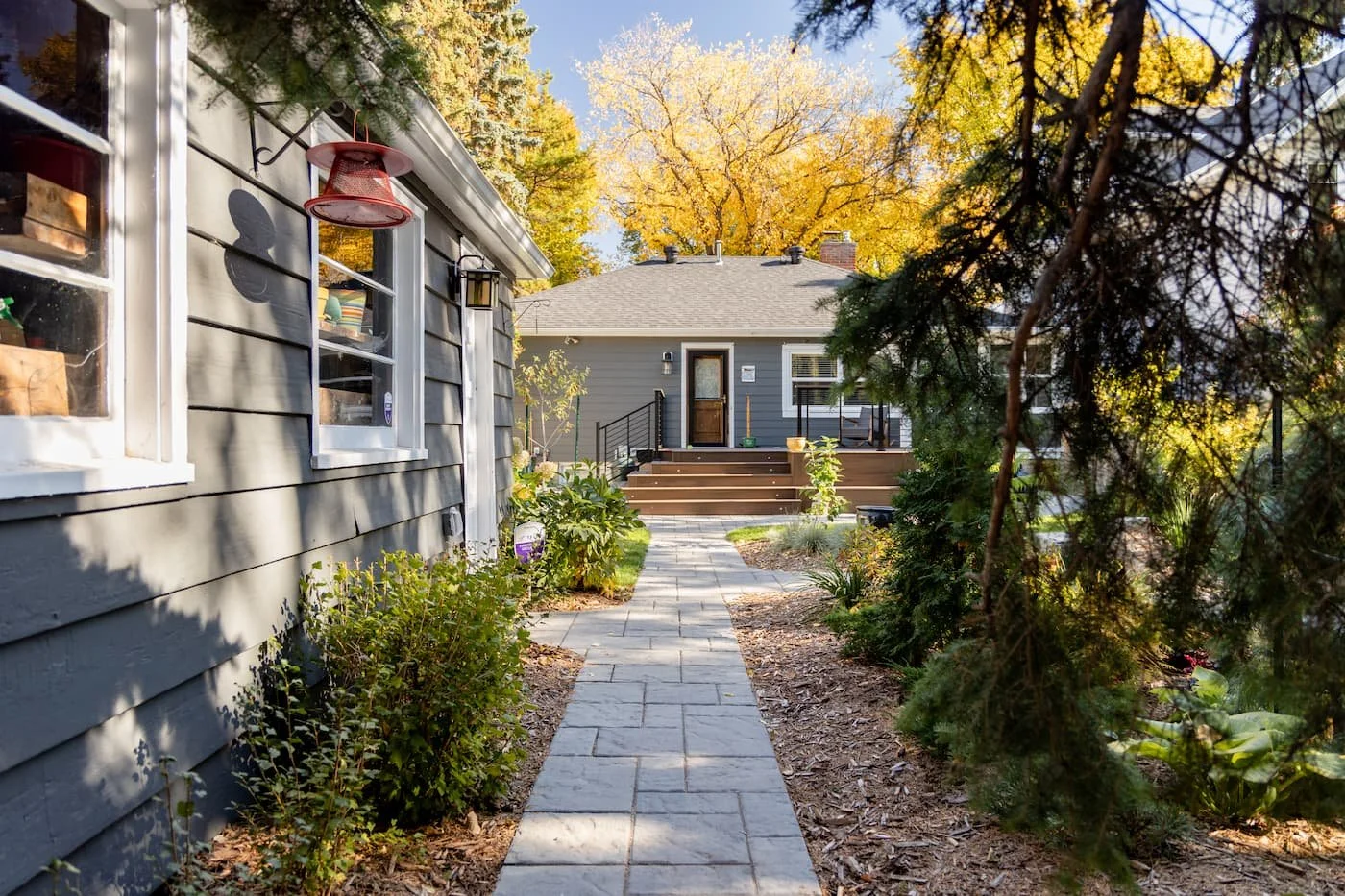 Stale Shale Grey pathway with large trees and bark mulch
