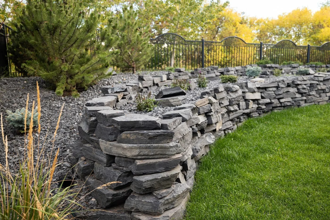 Natural Stone Retaining Wall backing onto the Edmonton river valley