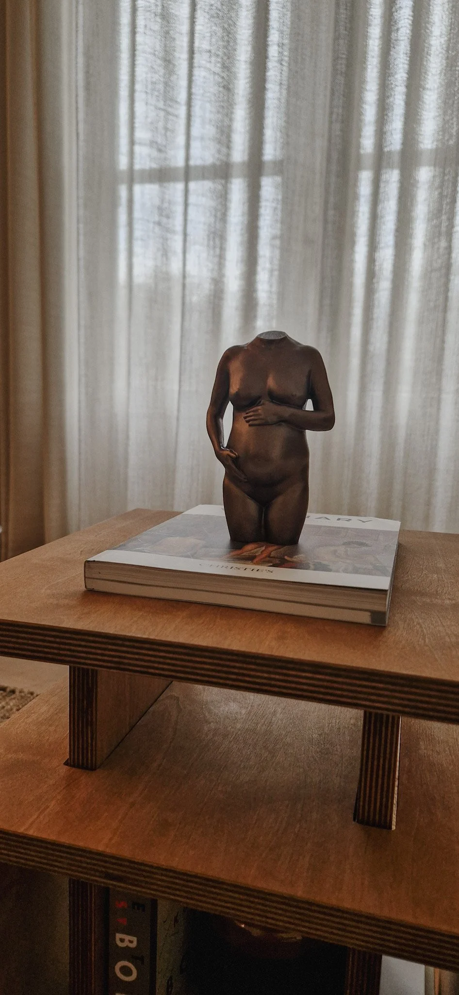 Een boek met een beeld van een naakte vrouwelijke torso erop, geplaatst op een houten tafel voor een raam met gordijnen.