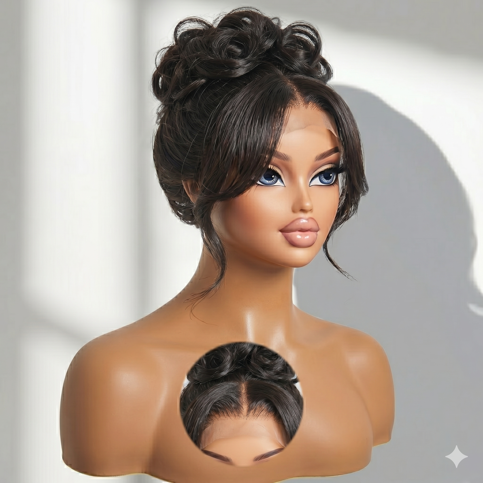 Close-up of a mannequin with dark brown, styled curly hair and makeup, against a plain background.