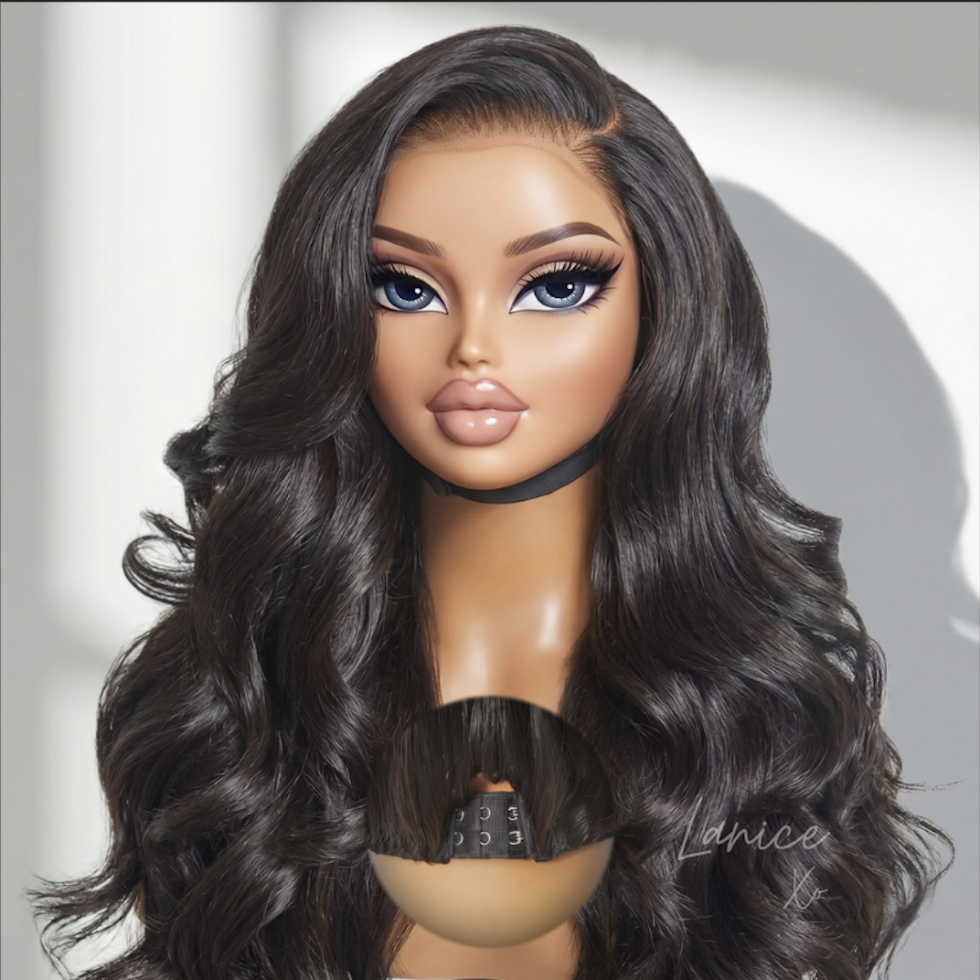 A realistic mannequin head with long, wavy dark brown hair, blue eyes, makeup, and a black choker, placed on a beige mannequin bust.