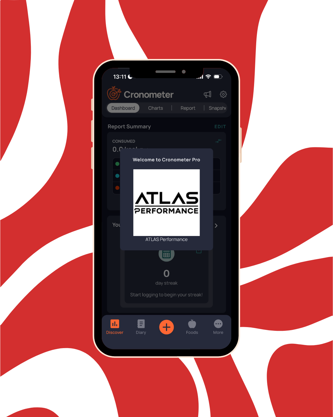 Smartphone screen displaying the Cronometer app with a pop-up welcome message for ATLAS Performance on a red and white abstract background.