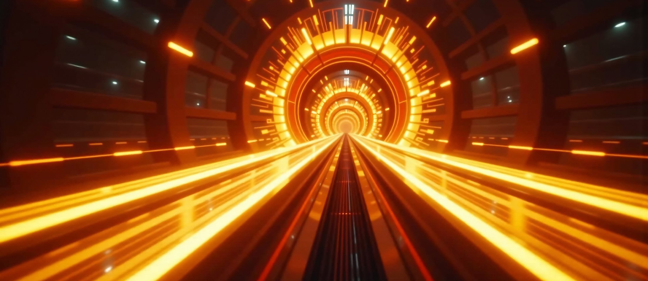 Futuristic tunnel with glowing orange and yellow geometric patterns, resembling a high-tech portal or sci-fi corridor.