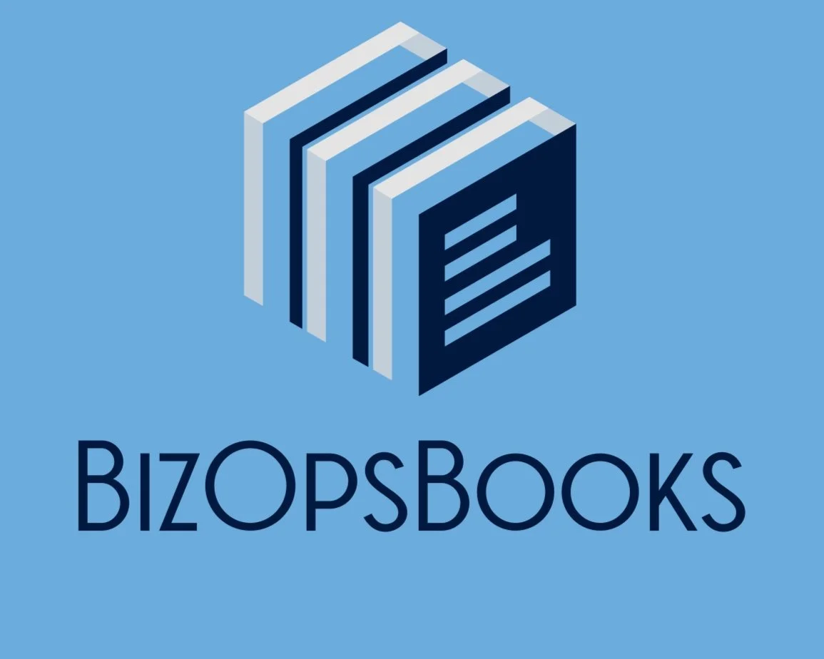 Logo for BizOpsBooks featuring an isometric illustration of a stack of books and the text 'BizOpsBooks' on a blue background.