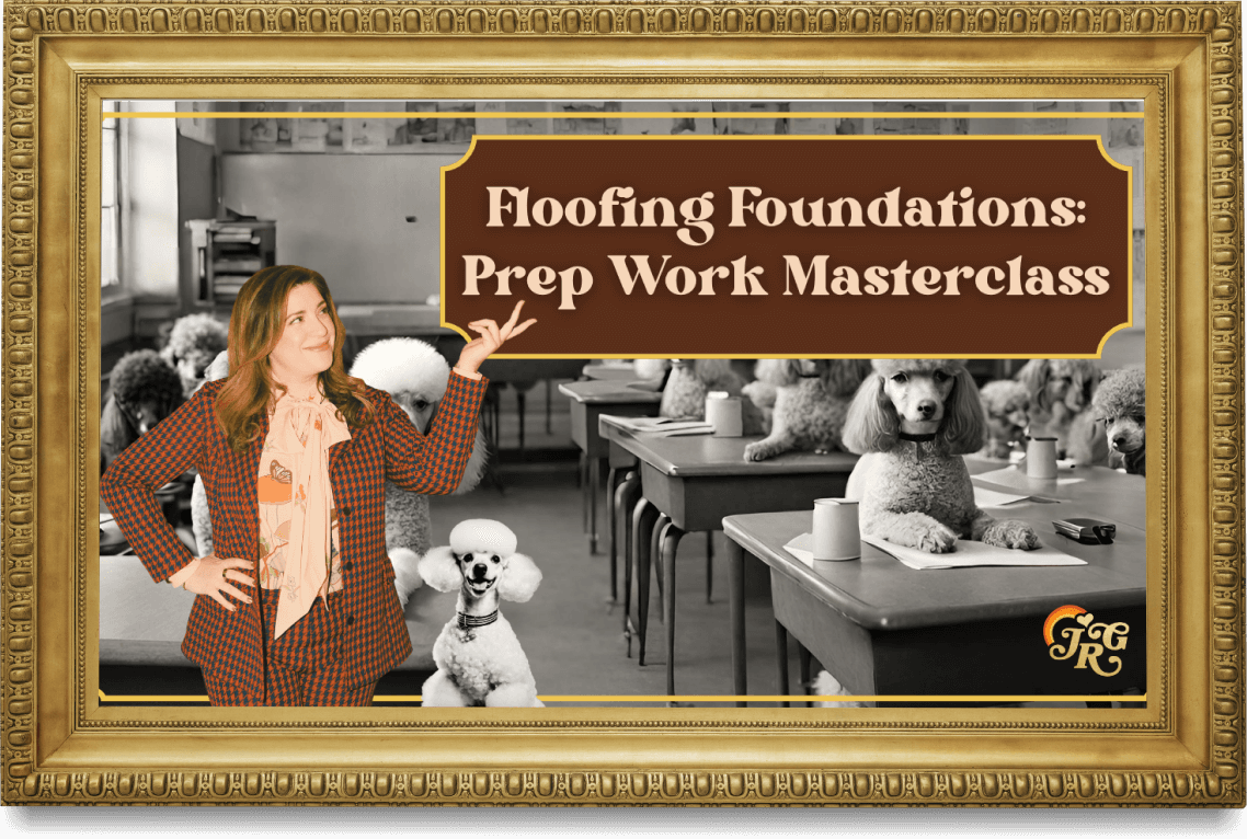A woman pointing to a sign that reads 'Flooring Foundations: Prep Work Masterclass' with black and white photos of dogs sitting at desks in a classroom.