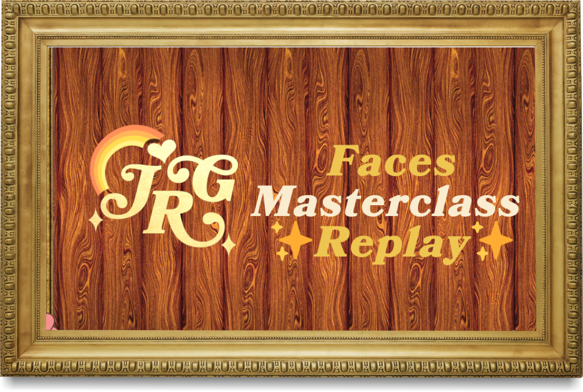 Framed wooden sign displaying the text 'JR Faces Masterclass Replay' with decorative stars, hearts, and rainbow elements in a retro style.