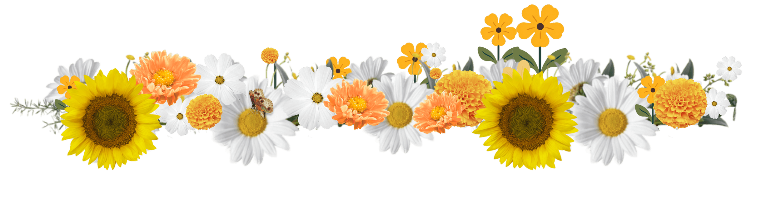 Arrangement of yellow sunflower, white daisies, orange marigolds, and small white and orange flowers with green leaves.