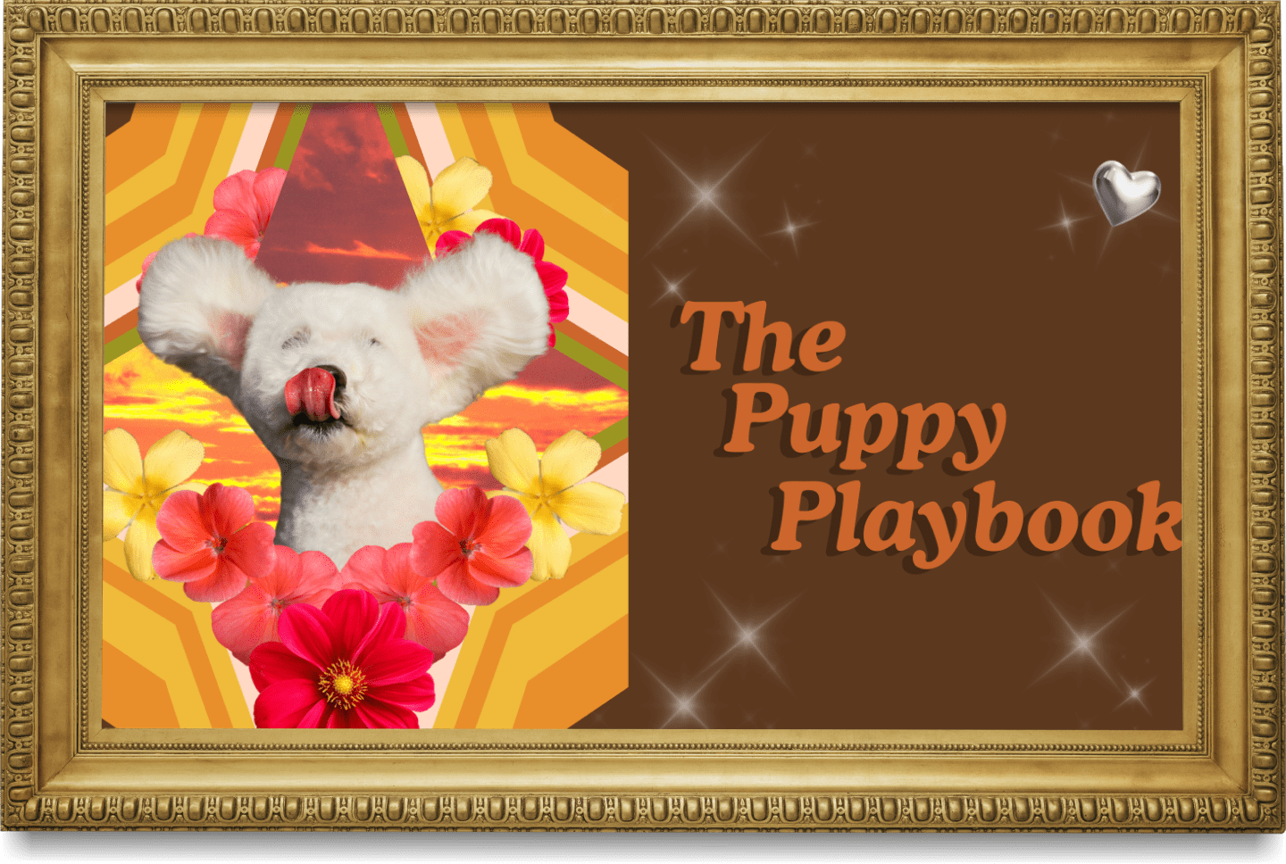 A framed cover of "The Puppy Playbook" featuring a cute, white puppy with large ears surrounded by pink and yellow flowers against a sunset background, with a brown section containing the title in orange letters and sparkling stars.