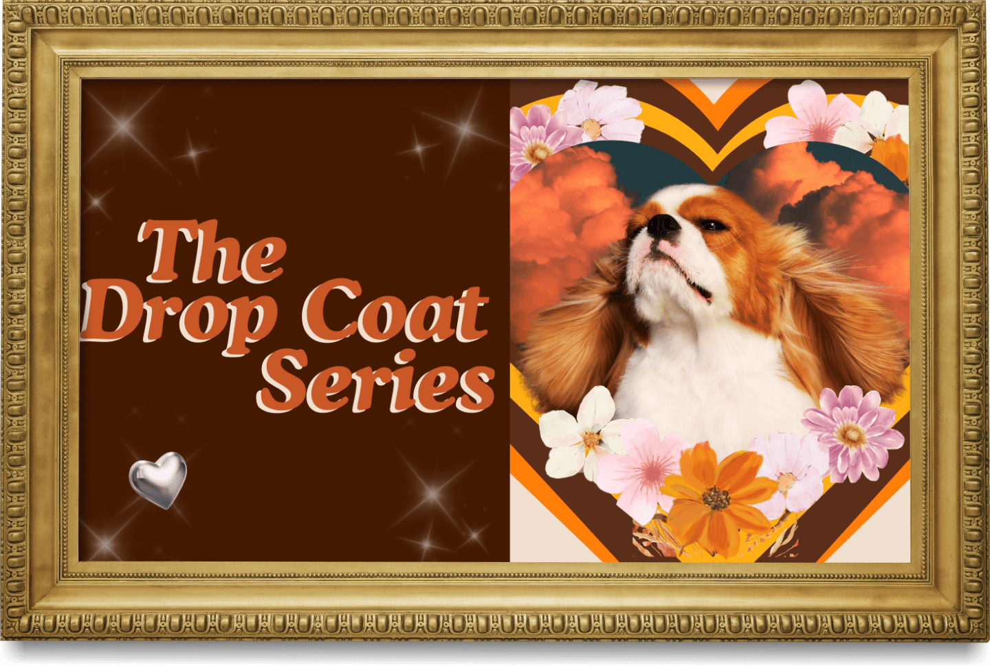 Framed art piece with text 'The Drop Coat Series' on a brown background, featuring a dog with long ears and a closed eye, surrounded by flowers and a cloudy sky.